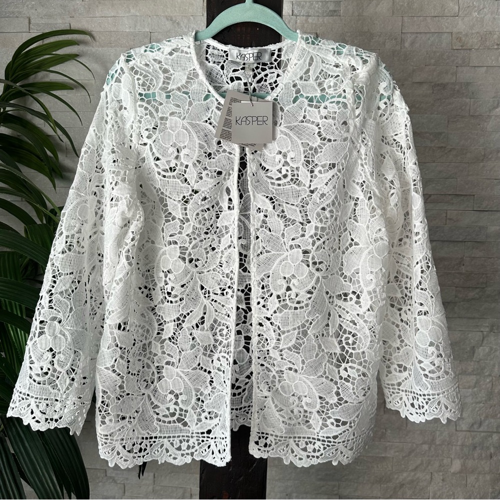 Kasper White Lace Cardigan Jacket 3/4 Sleeve Size 10 New with Tags